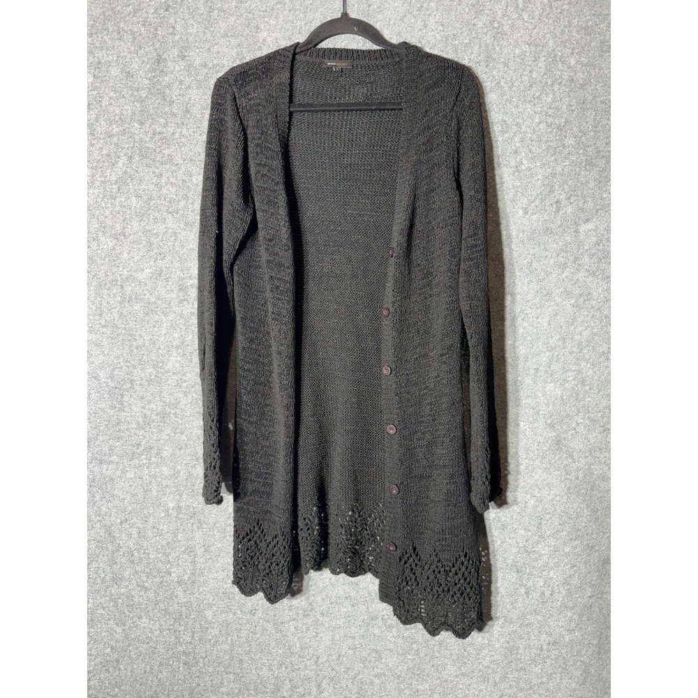 BCBGMAXAZRIA Black Longline Cardigan Pointelle Lace Knit Button Front Women L - Picture 2 of 8